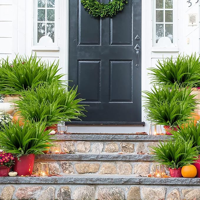 24Pcs Artificial Grass Plant Fake Outdoor Plastic Plants UV Resistant Faux Grasses Greenery Shrubs for Window Box Garden Patio Porch Home Decor Green