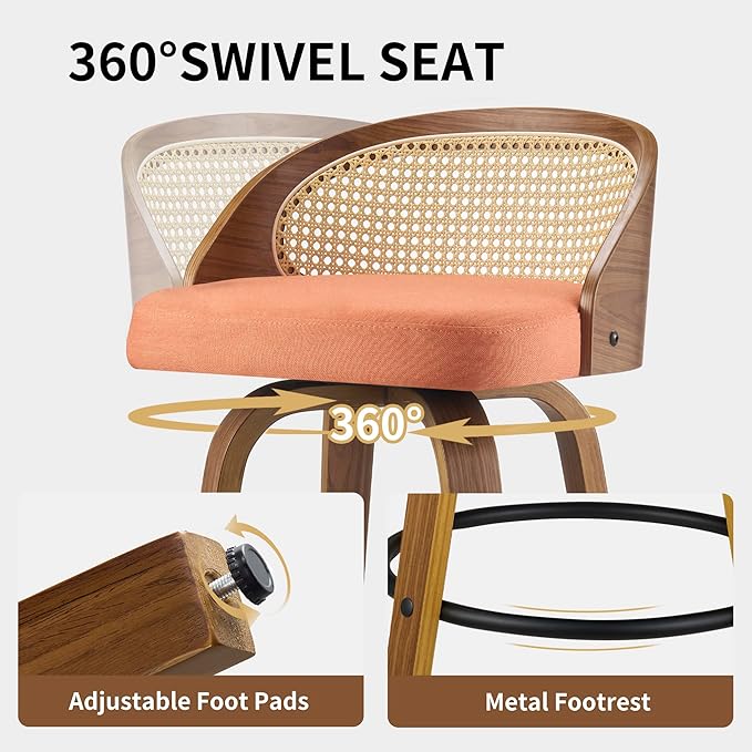 26 inch Swivel Bar Stools with Back, Set of 2 Mid-Century Modern Walnut Bar Chairs, Orange Textured Fabric Upholstered Counter Stools with Footrest for Kitchen Island & Dining Room
