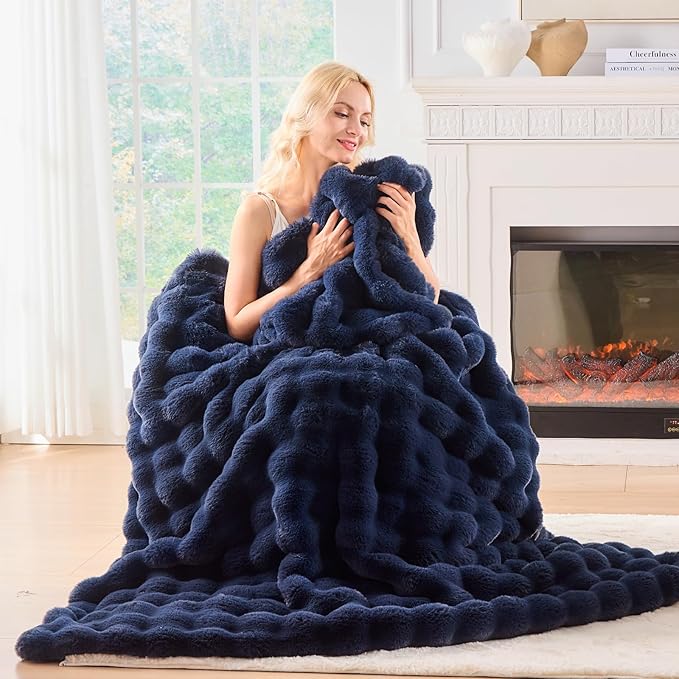 BENVWE Fluffy Faux Fur Throw Blanket for Couch, Soft Plush Thick Cozy Fuzzy Luxury Minky Bubble Blanket for Home Living Room Decor Gift for Women, Navy Blue, 63" x 80", 1100GSM