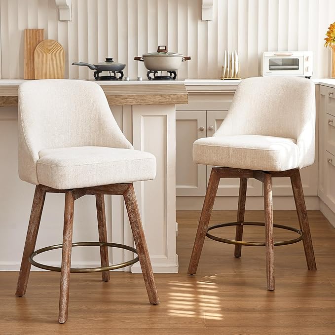 Mid Century Modern Counter Height bar stools Set of 2，360° Swivel barstools with Solid Wood Legs，26'' Island Chairs with Wrap-Around Backrest，Beige Linen Comfort Fabric