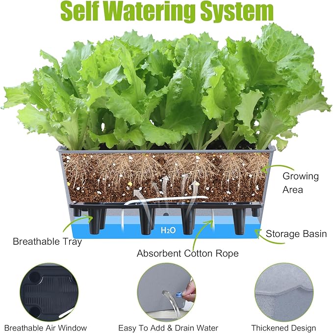 Window Box Planter 6 Pcs, 16.5 Inches Self Watering Rectangle Flower Plant Pots with Drainage Holes Trays, Vegetable Planters for Windowsill Patio Garden Balcony Porch Yard (Grey)