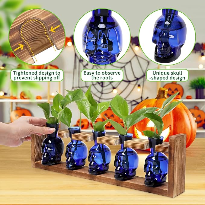 Plant Terrarium Propagation Stations Halloween Skull Planter Vase Skulls Decor with Wooden Stand Gife for Father - 5 Vases