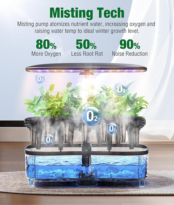 Misting 15 Pods Hydroponic Growing System Herb Garden Kit Indoor,2.5L Large Tank Plant Germination Kit with Adjustable Height Grow Light to “20", Quiet Pump, Auto Timer, Gardening Christmas Gifts