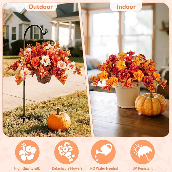 Artificial Fake Fall Hanging Flowers with Basket for Outdoors Decoration 3PCS Faux Fall Flowers for Outdoor Planters UV Resistant No Fade Silk Hibiscus for Home Porch Patio Garden Balcony Yard Decor