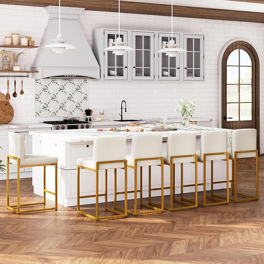 ALPHA HOME 24 Inch Bar Stools Set of 6, Kitchen Counter Stools with Backs, PU Leather Barstools, White Bar Stools with Upholstered Footrest, Sturdy Chromed Metal Steel Frame, Off-White