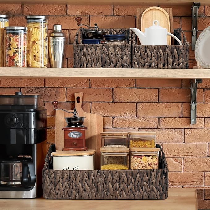 Ollieroo Natural Water Hyacinth Storage Baskets, Handwoven Wicker Storage Bins with Built-in Handles, Storage Container Baskets for Shelves, Bedroom, Bathroom, Laundry Room or Kitchen(Black)