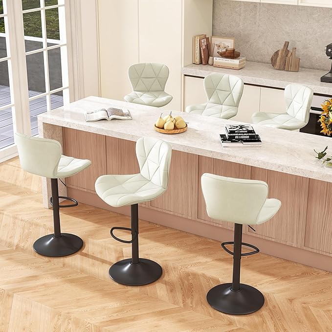 Bar Stools Set of 6,Adjustable Swivel Barstools, Faux Leather Bar Chairs,Upholstered Counter Height with High Backrest for Kitchen Island,White