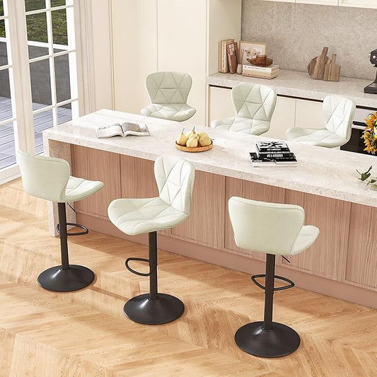 Bar Stools Set of 6,Adjustable Swivel Barstools, Faux Leather Bar Chairs,Upholstered Counter Height with High Backrest for Kitchen Island,White