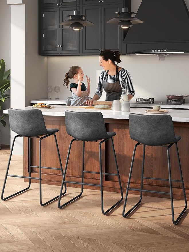 Bar Stools Set of 2, 26 Inches Counter Height Bar Stools with Back, Modern Faux Leather Barstools with Metal Legs and Footrest, Bar Chairs for Kitchens Island (Gray)