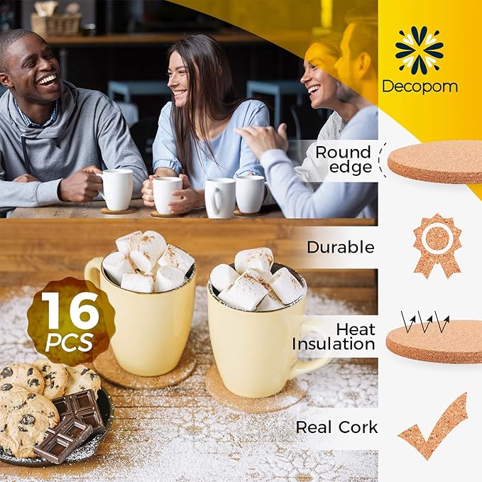 Cork Coasters for Drinks with Metal Holder - 16 Pcs Round 4 inch Drink Coaster Thick Absorbent Heat-Resistant Saucer - Used for Cold Hot Beverages Glasses Mugs Cups Plants Apartment Decor Bar Table