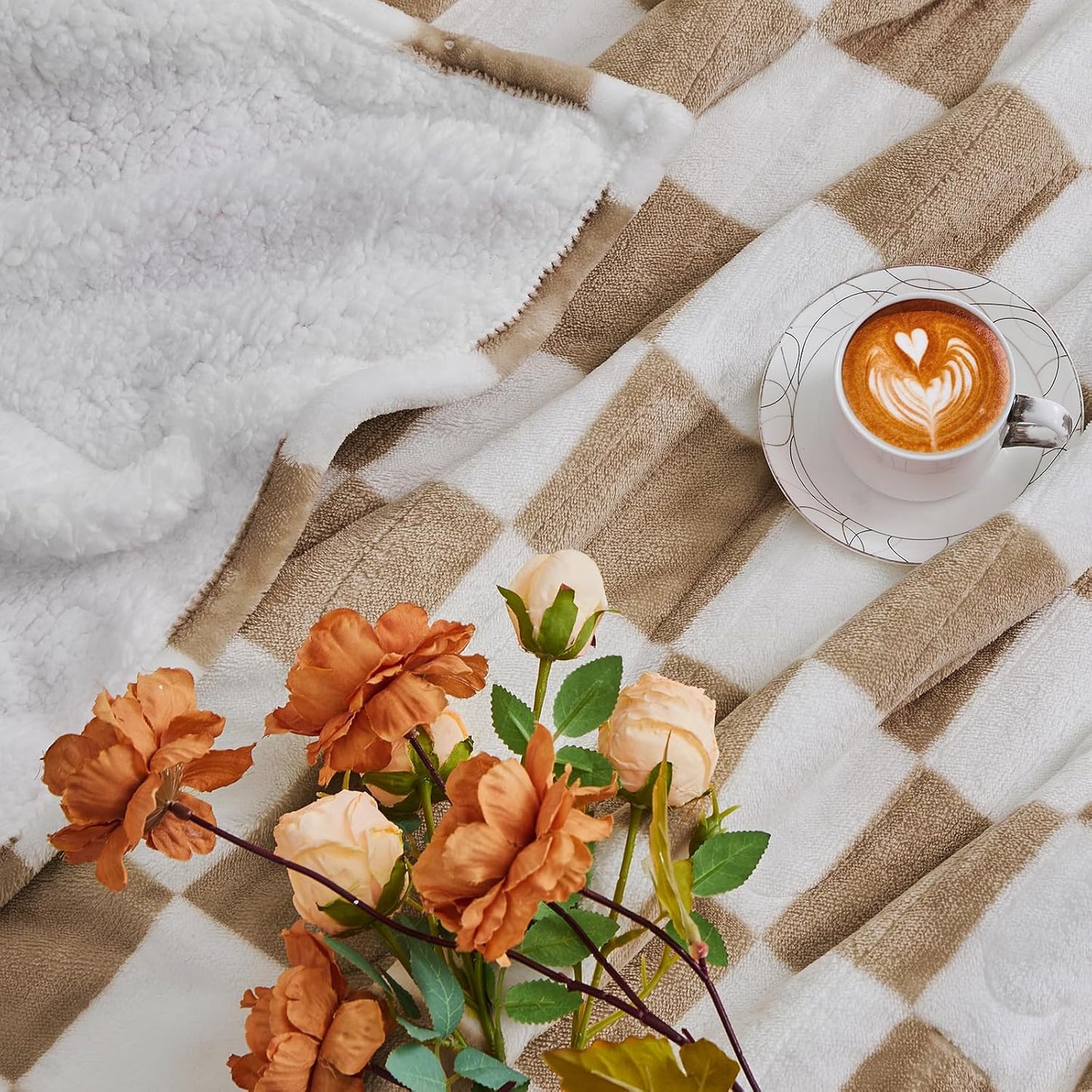 Light Brown Heated Blanket Electric Twin Size, 62X84 Heating Blanket with 10 Heat Level & 8 Hours Auto Off, Checkered Plaid Soft Fleece Sherpa Blankets Warmer Gifts for Couch Grandma Women Adults, ETL