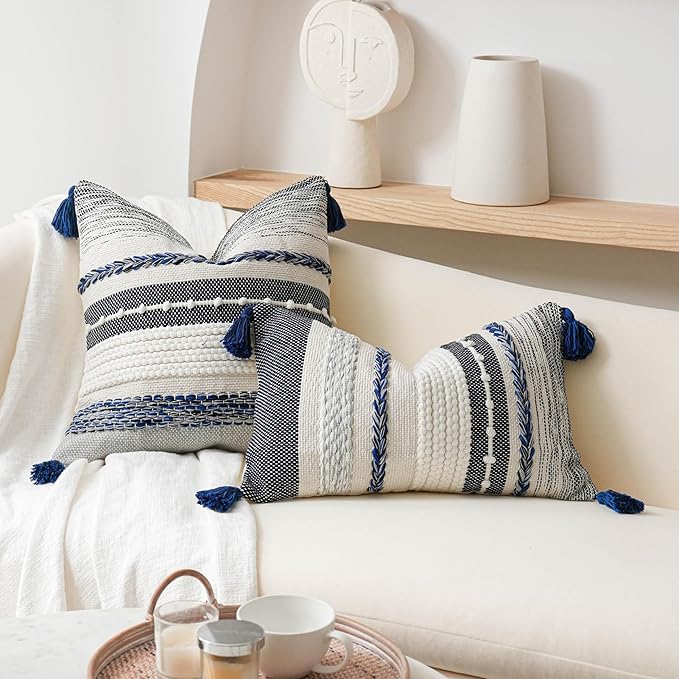 BlissBlush Navy Dark Blue Decorative Throw Pillow Cover 20x20 Square Boho Accent Pillowcase Tassels Farmhouse Cushion for Couch Sofa Bedroom Living Room Home Décor Cover ONLY