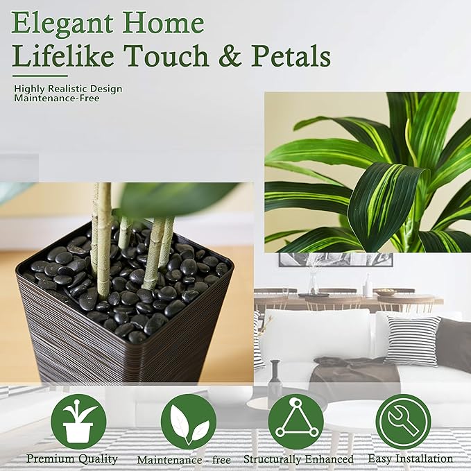 Artificial Dracaena Tree：6FT Faux Silk Tropical Yucca Floor Trees Realistic Fake Green Plant with Natural Wood Trunk & Lifelike Leaves for Home Office Decor Indoor & Outdoor (6FT,1-Pack,Black)