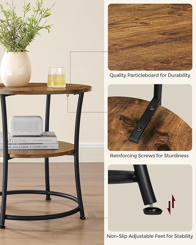 VASAGLE Side Table, 2-Tier Round End Table, Nightstand with Steel Frame for Small Spaces, Living Room, Bedroom, Rustic Brown and Ink Black