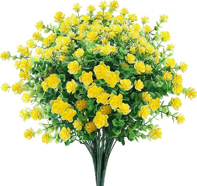 GREENRAIN Artificial Flowers Outdoor Fake Flowers for Decoration UV Resistant No Fade Faux Plastic Plants Garden Porch Window Box Décor (6 Bundles, 2#Yellow)
