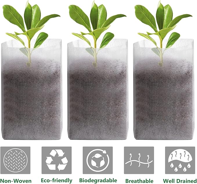 GREANER 100pcs Biodegradable Nursery Bags, 9 x 9inch Seed Planting Bags, Planting Seed Starting Pots Pouches, Standable Pouch for Potato, Flower, Tomato Plant Starts