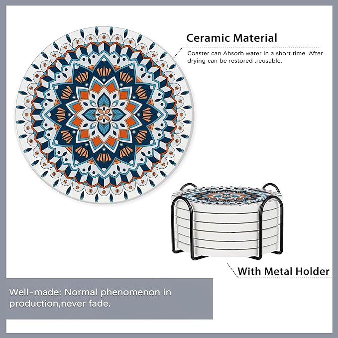 6 Pcs Coasters for Drinks with Holder,Flower Mandala Boho Absorbent Coaster with Cork Backing,Great Gift for Housewarming,Room Decor,Bar,Holiday Party