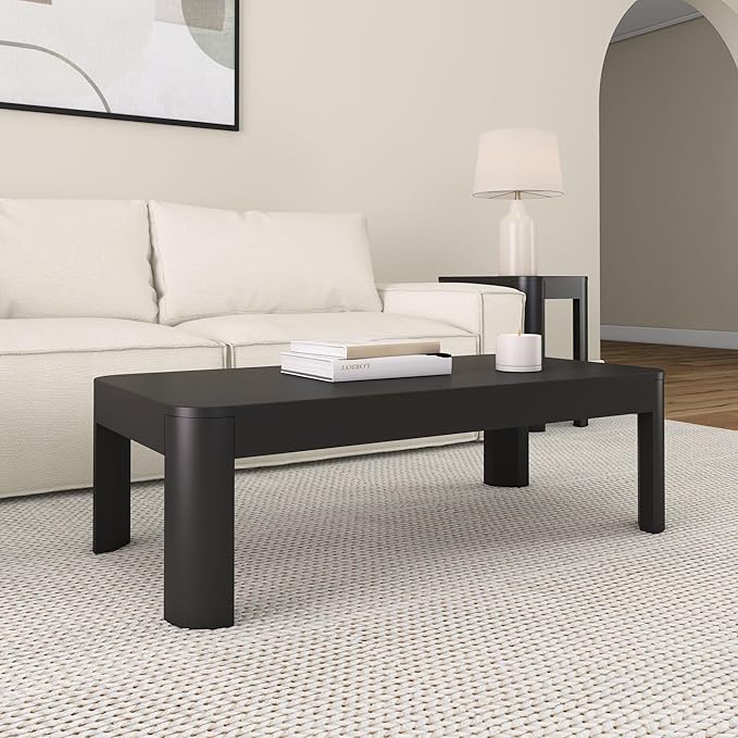 Plank+Beam Modern Rounded Coffee Table, 48 Inch, Solid Wood Contemporary Center Table for Living Room, Rectangle Tea Table, Black