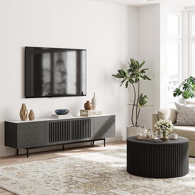 POVISON Mid Century Modern Sintered Stone TV Stand, Slatted Media Console TV Cabinet with Tall-cast Metal Legs, Fluted Entertainment Center with Storage, Fully-Assembled (Black, 78.74")