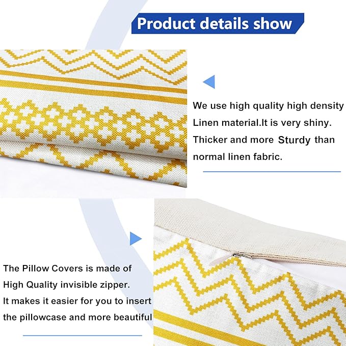 Decorative Throw Pillow Covers Set of 2 Chrome Yellow Boho Pillow Covers 16x16 Inch Throw Pillow Cover Linen Pillowcase Modern Farmhouse Outdoor Pillow Covers for Couch Sofa Bed Living Room