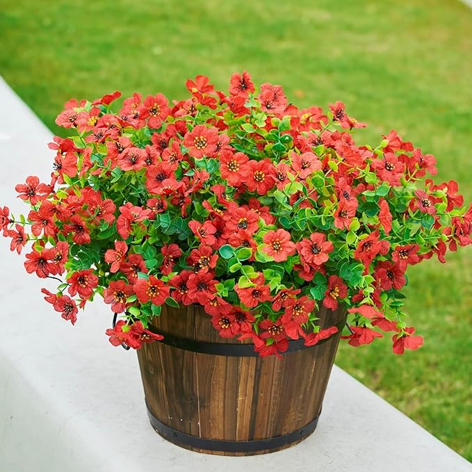 Artificial Fake Mums Plants Flowers for Outdoor Outside Fall Autumn, 12 Bundles Faux Silk Red Daisy UV Sun Resistant Look Real for Porch Patio Home Window Box Yard Planter