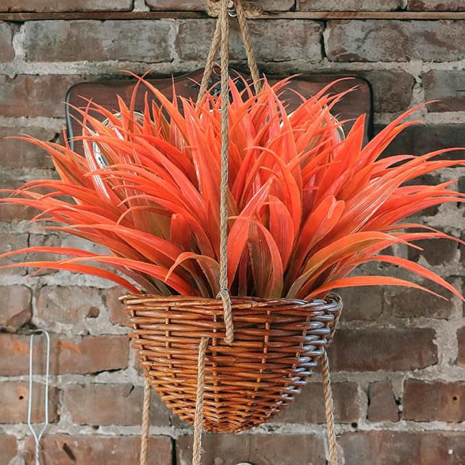 8 pcs Fall Artificial Flowers for Decoration, Fake Artificial Tall Grass Plants for Outdoors, Orange Faux Tropical Greenery Autumn Front Porch Patio Garden Outside Plastic Shrubs Bushes