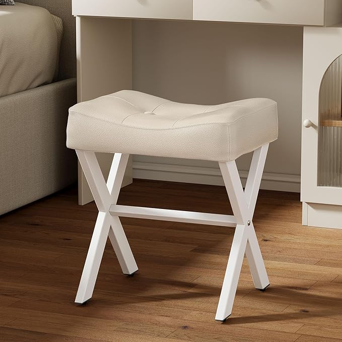 18-Inch Leather Vanity Stool Chair, Vanity Bench with Metal X-Leg, Ottoman Accent Stool with Thick Padded Saddle Seat, Beige