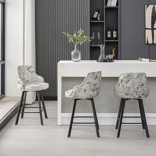 Bar Stools Set of 3, 26" Swivel Counter Height Bar Stools with High Back, Linen Kitchen Barstools Counter Height for Kitchen Island (Beige (Nautical Print), 3PCS 26" Counter Stools)