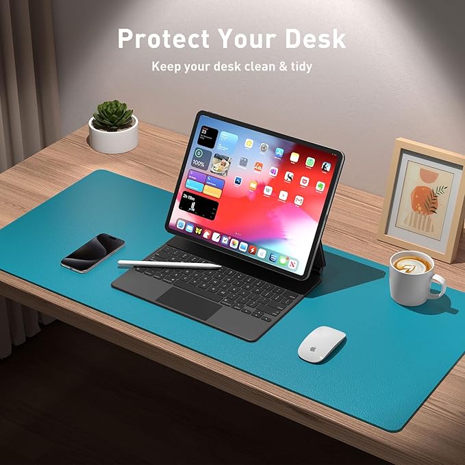 Aothia Leather Desk Pad Protector, Mouse Pad, Office Desk Mat, Non-Slip PU Leather Desk Blotter, Laptop Desk Pad, Waterproof Desk Writing Pad for Office and Home (Turquoise,23.6" x 13.7")
