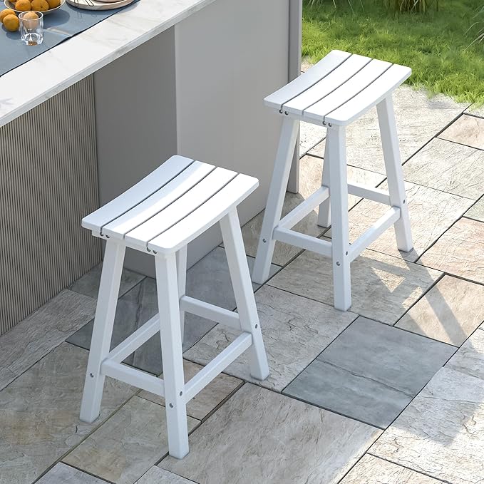 nalone 24 Inch Outdoor Bar Stools Set of 2, HDPE Bar Chairs with Footrest, Weather Resistant Barstools Outside Counter Height Stools for Patio Balcony (White, 24'' Barstools Set of 2)