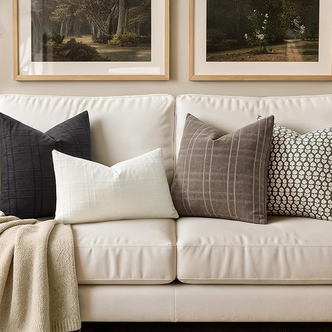 MIULEE Decorative Linen Check Throw Pillow Covers Neutral Farmhouse Vintage Pillow Covers 20x20 Set of 2 Boho Modern Home Decor for Sofa Couch Bedroom Cushion Black