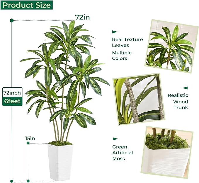 6FT Artificial Dracaena Tree with White Planter and Fake Moss - Real Touch Faux Plant for Home & Office Decor, Lifelike Yucca Indoor Realistic Floor Tree, Lightweight Potted Plants