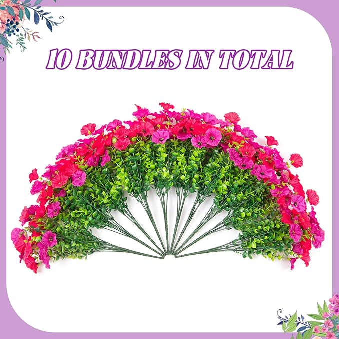 Artificial Flowers for Outdoors, 10 Bundles Fake Plastic Flower Plant, Faux Colorful Silk Morning Glory Eucalyptus for Spring Summer Outside Garden Porch Front Door Decor, Rose Purple