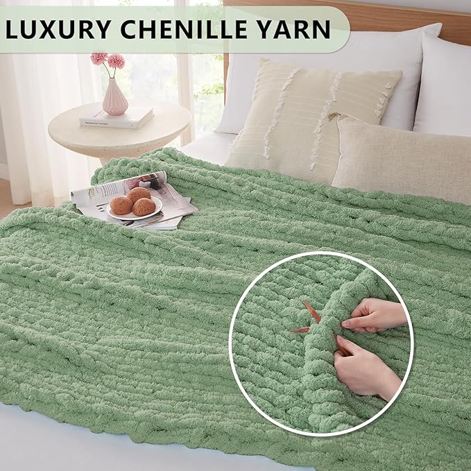 L'AGRATY Chunky Knit Blanket Throw - Soft Chunky Throw Blanket 50x60: 100% Hand Kintted Chenile Crochet Throw Blanket for Couch - Large Cable Knit Chunky Blanket for Home Decor(Sage Green)