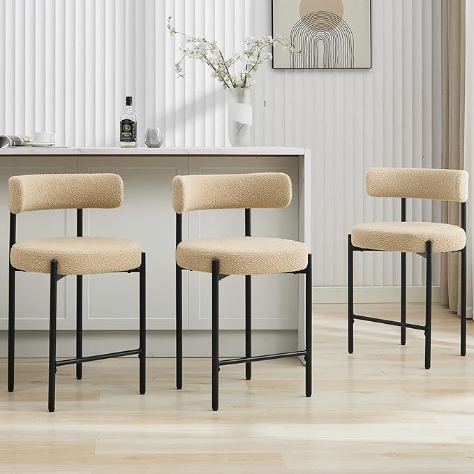 24'' Boucle Bar Stools Set of 3, Beige Bar Stools with Backs, Counter Height Bar Height Stools for Kitchen Island, Upholstered Bar Chairs (Beige)