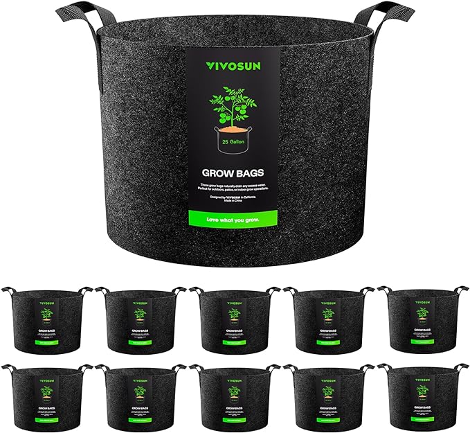 VIVOSUN 10-Pack 25 Gallon Grow Bags, Reinforced Planter Fabric Pots for Gardening Black