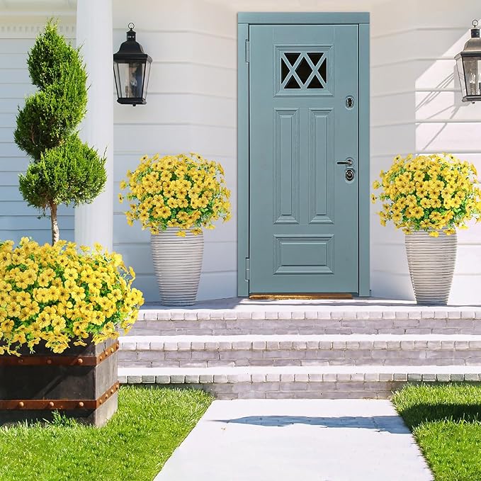 20 Bundles Artificial Flowers for Outdoors Decoration Fake Silk Flowers UV Resistant Faux Plants Artificial Daisy Eucalyptus for Spring Summer Garden Yard Porch Window Home Decor, Yellow