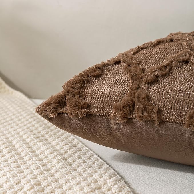 Set of 2 Soft Moroccan Throw Pillow Covers 12x20 Inch Plush Boho Decorative Pillow Cover Accent Cushion Case for Couch Sofa Bed, Deep Brown