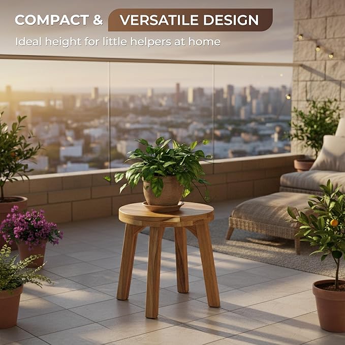 Round Stool Acacia Wood, 12" Height, 11" Round Top, Backless, Easy Assembly, Natural Wax Finish, Wooden Stool for Plant, Dining Room, Living Room, Garden, Makeup