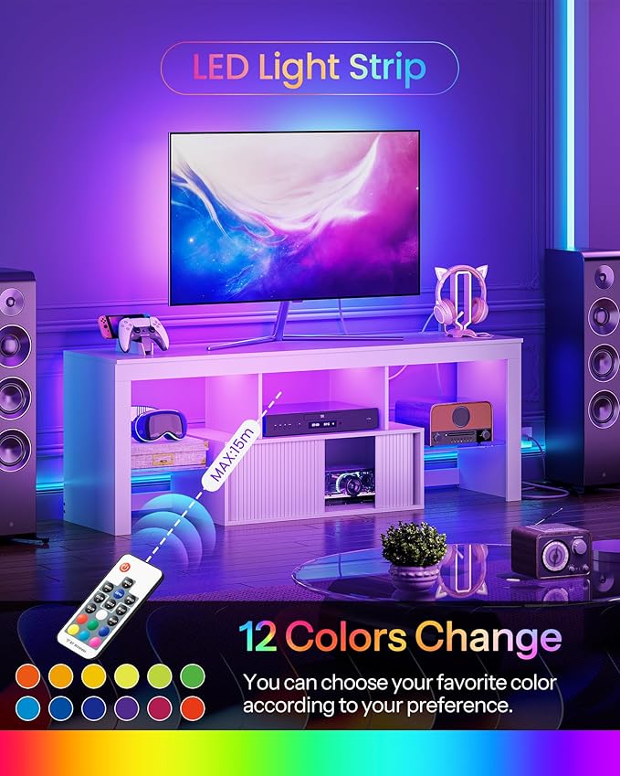 TV Stand with Power Outlet, Modern TV Cabinet for 55 60 inch TVs, Media TV Console with LED Light Strip, Media Entertainment Center with Storage, for Living Room, Bedroom, White MDS02UDWB