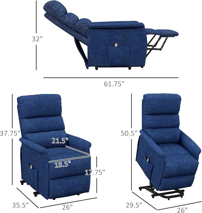HOMCOM Power Lift Recliner Chair for Elderly, Easy Assembly, Fabric Lift Chair for Adults, Recliner Sofa with Remote Control, Side Pockets for Living Room, Dark Blue