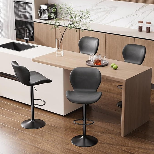 Nalupatio Swivel Bar Stools Set of 4,PU Leather Upholstered Barstools with Back & Footrest, Seat Adjustable Height 22.2-31IN Counter Height Bar Chairs for Bar Kitchen Island,Dark Grey