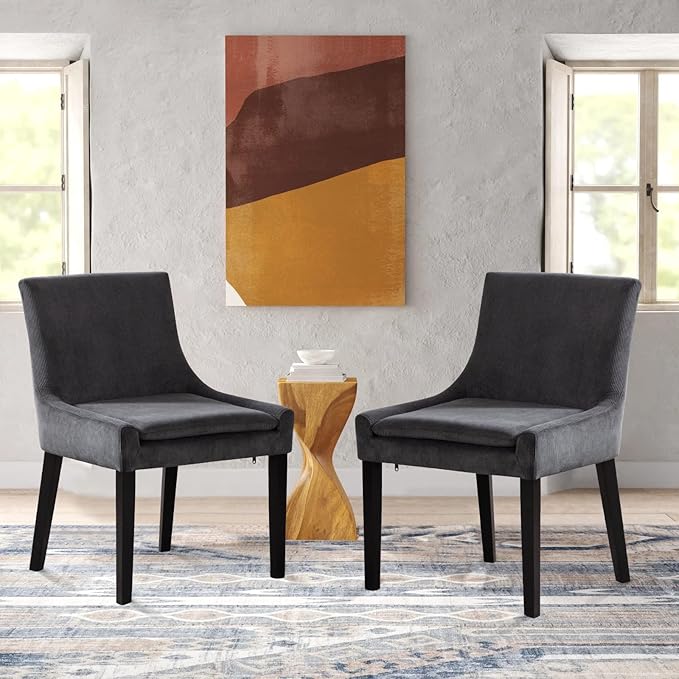 COLAMY Modern Dining Chairs Set of 2, Upholstered Corduroy Accent Side Leisure Chairs with Mid Back and Wood Legs for Living Room/Dining Room-Grey