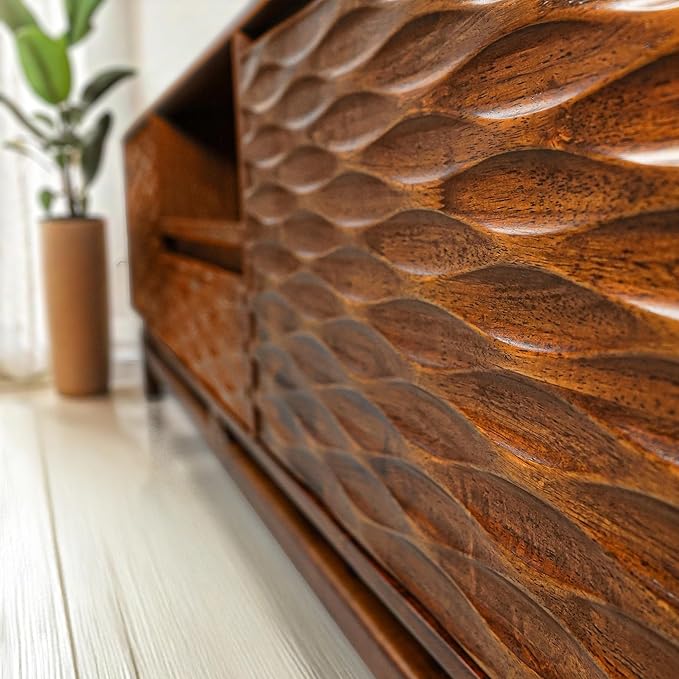 Acacia Elara Wood TV Stand for TVs up to 75+ Inch Entertainment Center with Storage Shelves and Cable Management, Mid Century Modern TV Media Console Wood TV Stands for Living Room Bedroom, Walnut