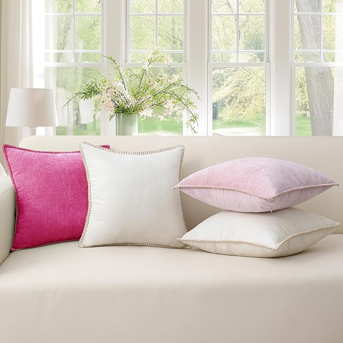 decorUhome Chenille Soft Throw Pillow Covers 20x20 Set of 2, Farmhouse Velvet Neutral Decorative Euro Pillow Covers with Stitched Edge for Couch Sofa Bed Home Decor, Hot Pink
