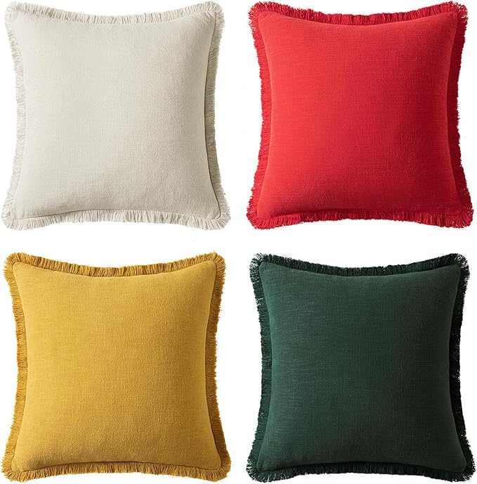MIULEE Linen Pillow Covers 18x18 Inch Decorative Throw Pillows with Fringe Pack of 4 Soft Farmhouse Boho Couch Pillows Home Decors for Sofa Cushion Living Room Bed Dark Green and Yellow