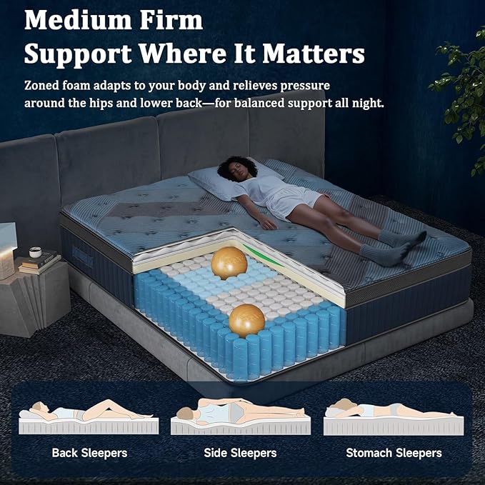 10 Inch Queen Size Mattress in a Box, Medium Firm Hybrid with Lumbar Foam and Zoned Pocket Springs for Pressure Relief and Edge Support
