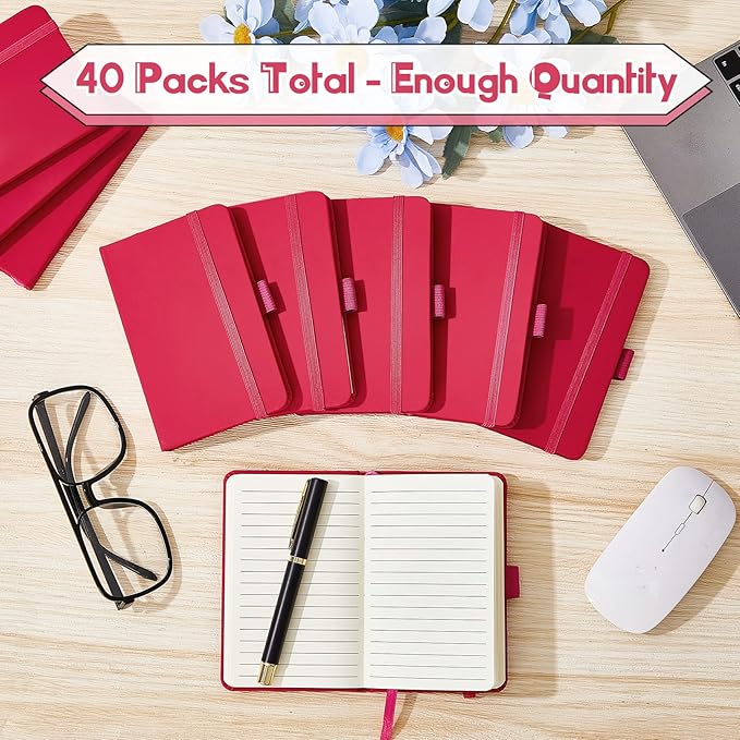 40 Pieces Small Notebooks A6 Pocket Journals 3.5 x 5.5 Inch Small Leather Notebook Mini Ruled Lined Journal with Elastic Band Pen Holder Page Marker Ribbons (Rose Red)