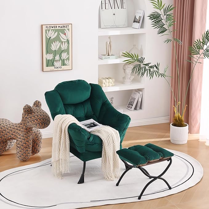 Welnow Lazy Chair with Ottoman, Modern Lounge Accent Chair with Armrests and a Side Pocket, Leisure Sofa Armchair, Reading Armchair with Footrest for Small Space, Dark Green