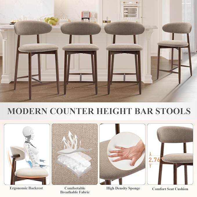COLAMY Counter Height Bar Stools Set of 4, Kitchen Bar Stools with Back, Mid Century Modern Upholstered, with Wood Legs for Kitchen Island Dining Room, Camel